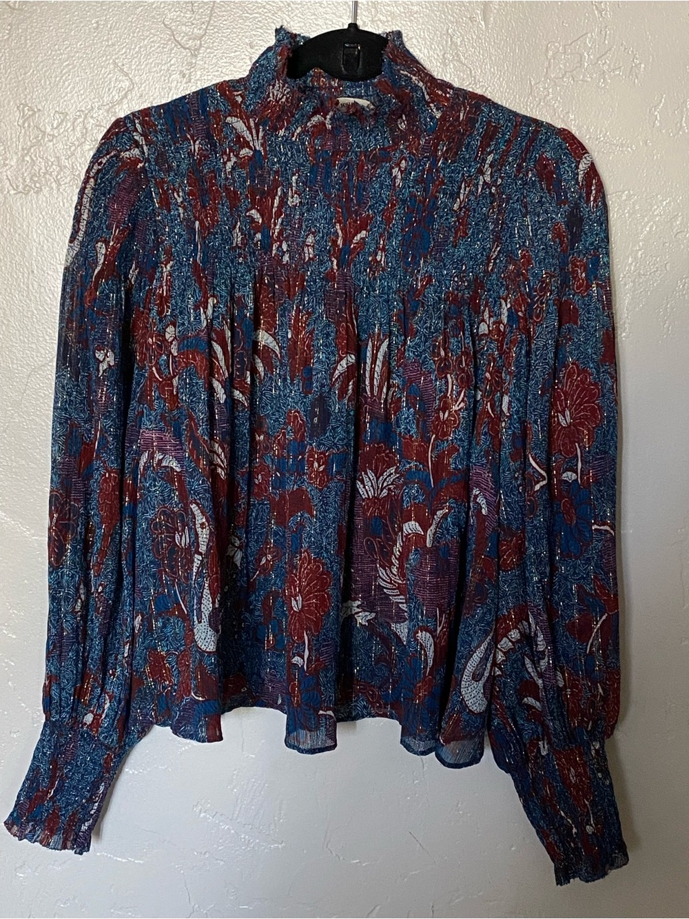 Smocked Neck Ulla Johnson Floral Blouse - Blue & Burgundy size 6 fits sm-med